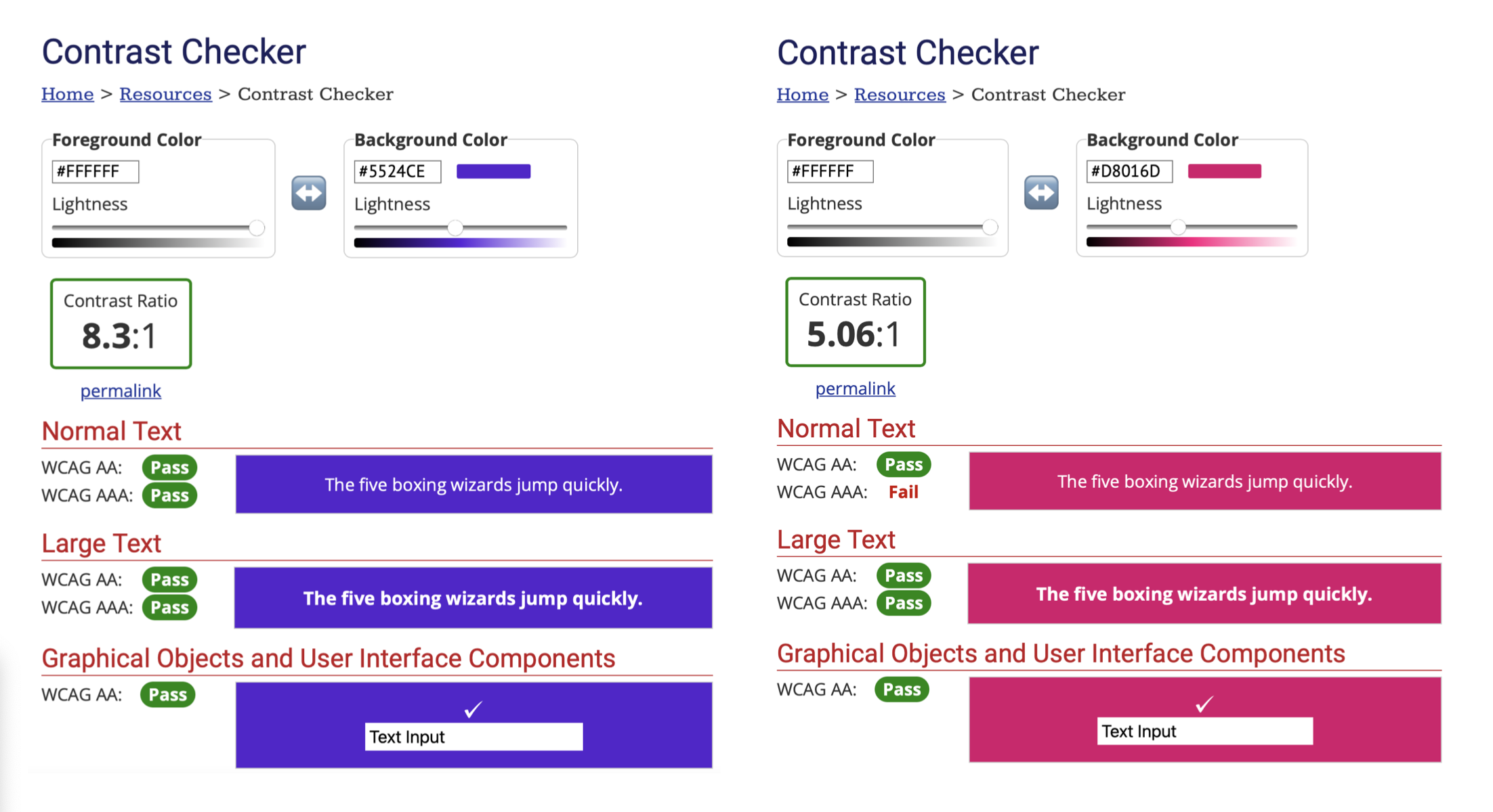 Screenshot of colour contrast checker